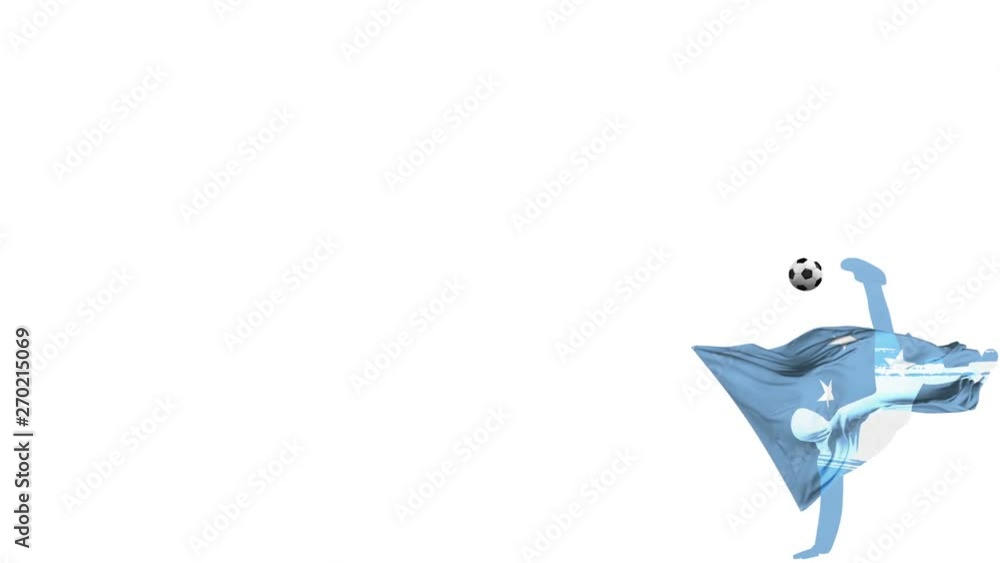 Micronesia football player with a flag in the background kicks up a twisted ball and kicks through himself. The ball flies to the screen. Alpha channel transparency for overlay. Micronesia football player with a flag in the background kicks up a twisted ball and kicks through himself. The ball flies to the screen. Alpha channel transparency for overlay.