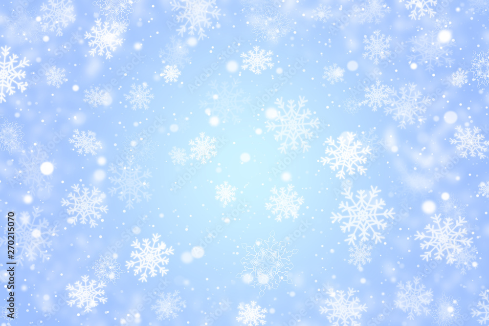 Light blue winter background with white snowflakes. 