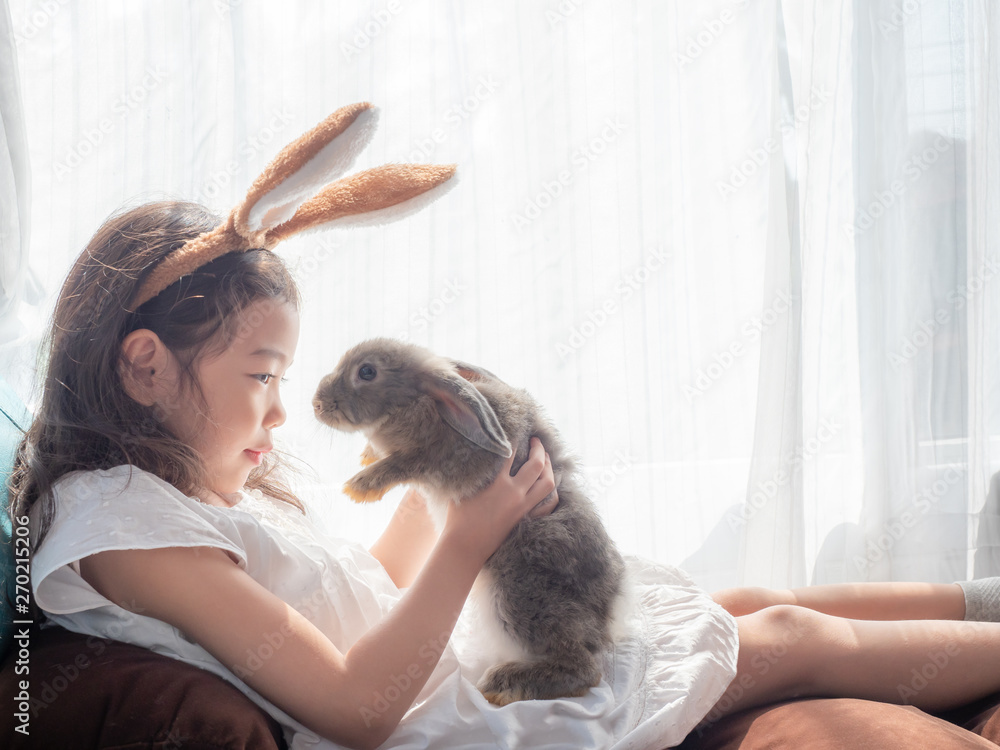Kind little cute girl 5-6 years old sitting and holding a gray rabbit near the window. A girl with a gentle heart, loves animals. Lovely kid and gray rabbit. Kind little cute girl 5-6 years old sitting and holding a gray rabbit near the window. A girl with a gentle heart, loves animals. Lovely kid and gray rabbit.