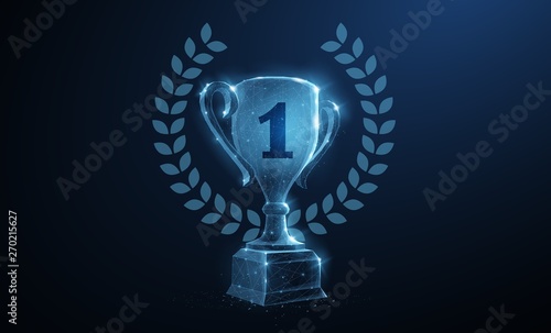 Trophy cup. Abstract vector 3d trophy wreath laurel isolated background. Champions award, sport victory, winner prize concept.