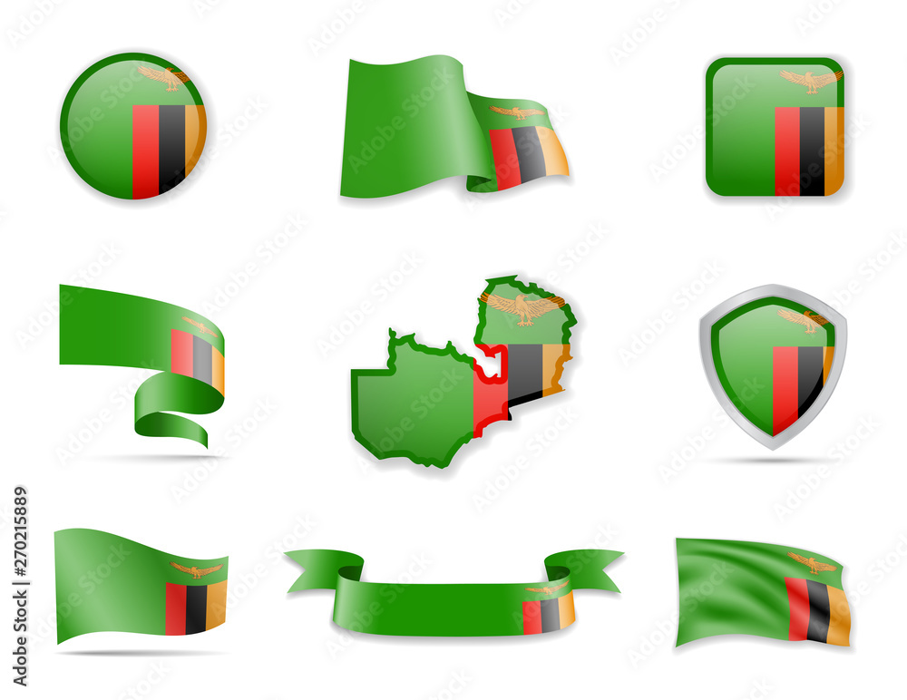 Zambia flags collection. Vector illustration set flags and outline of the country. Zambia flags collection. Vector illustration set flags and outline of the country.