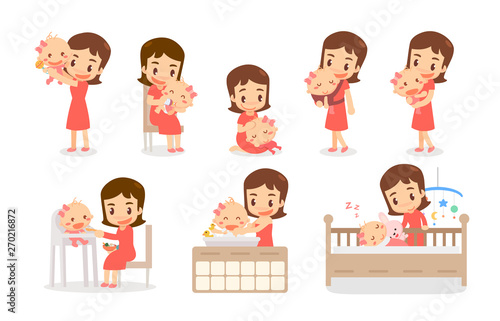 Mom and baby girl. Mom and baby in various actions. Lovely family.