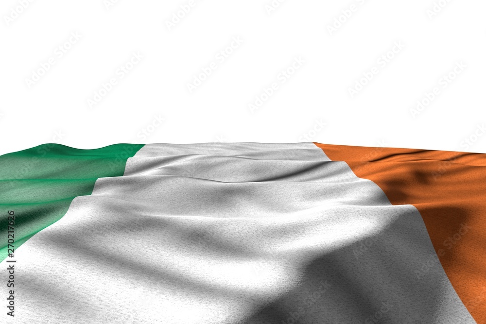 beautiful mockup image of Ireland flag lie with perspective view isolated on white with space for content - any occasion flag 3d illustration..