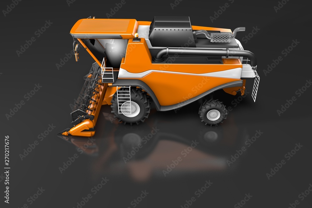 industrial 3D illustration of big modern orange rural combine harvester side top view with reflection on dark grey, mockup with place for your text