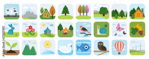 Nature and environment icon set. Landscape icons, flat design. Natural beauties.