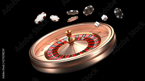 Casino background. Luxury Casino roulette wheel isolated on black background. Casino theme. Close-up white casino roulette with a ball, chips and dice. Poker game table. 3d rendering illustration.