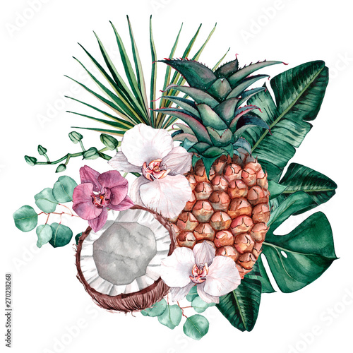 Fototapeta Naklejka Na Ścianę i Meble -  Tropical watercolor bouquet and composition