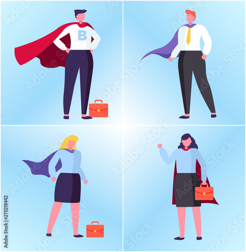 Hero man and woman with handbag, manager in superhero suit, portrait view of worker character, people in suit flat design style, winner human vector