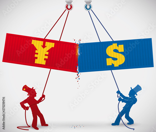 Men Lifting and Clashing Cargo Containers for Trade War, Vector Illustration