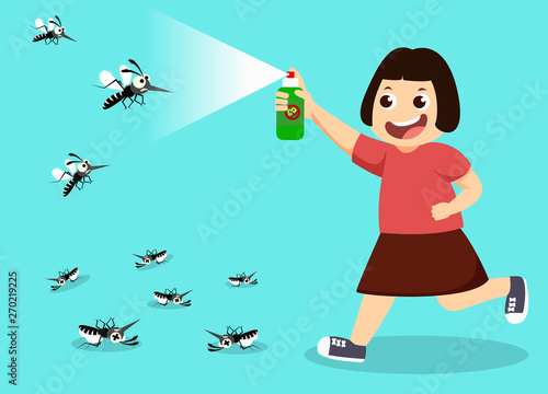 Girl fight mosquito by spray. protection dengue fever concept. Vector illustration. 