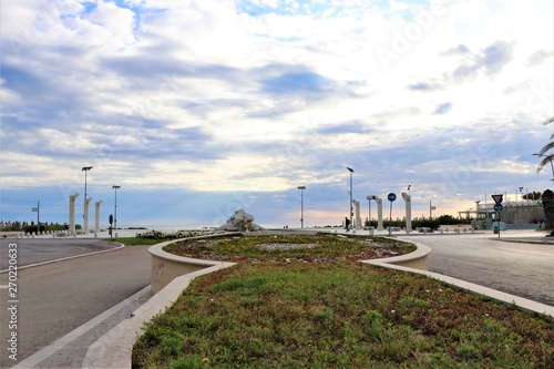 Pescara, Italy - May 2019. Panoramic view of the fountain monument called "Nave di Cascella". Located in the city center, next to the seaside. Summer landmark.