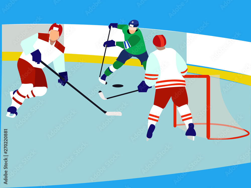 Sports match, men play hockey. In minimalist style Cartoon flat Vector