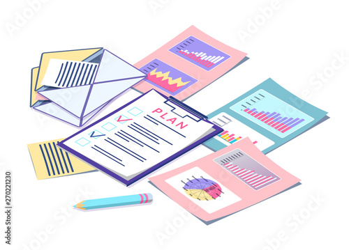 Digital marketing statistics and business planning vector. Graphics and charts or diagrams, message in envelope and notepad with checklist, pencil