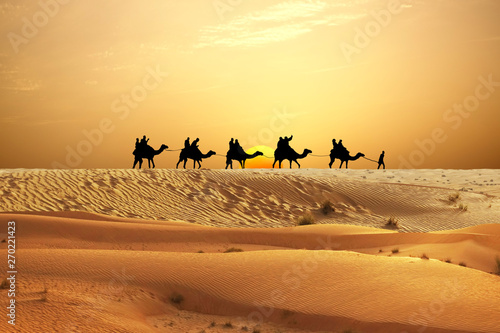 Caravan of camels in Arabian Desert with people silhouettes at sunset