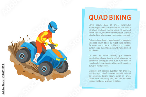Extreme sport quad biking, man in bright suit and helmet standing on bike, championship or rally, flat view of person on atv driving by mud vector
