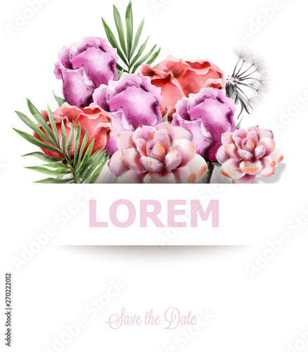 Wedding card with colorful flowers Vector watercolor. Roses and succulents fl...