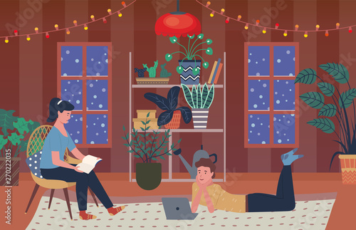 People in winter evening spending time at home vector, man and woman, male watching film on laptop and female reading book. Plants in pots and vases