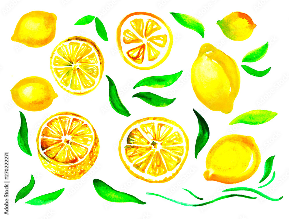 set of isolated watercolor lemons with leaves