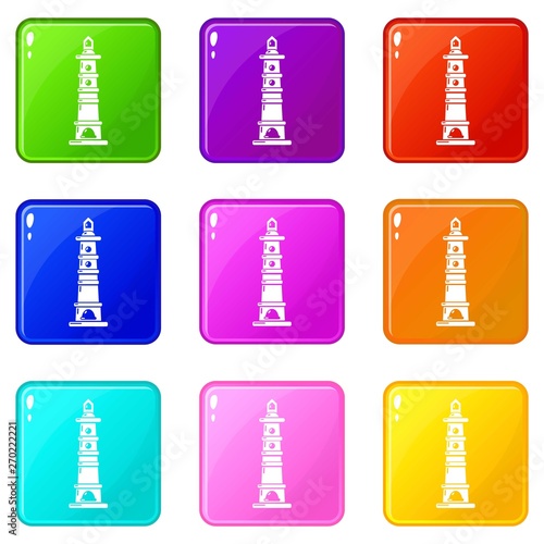 Navigate tower icons set 9 color collection isolated on white for any design
