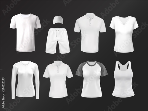 Vector white isolated clothing. Blank wear or clear, empty apparel for mockup. Background or template for clothing print.