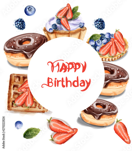 Birthday donuts cupcake and pancakes Invitation card Vector watercolor. Choco...