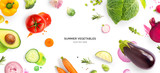 Creative layout made of tomato, cucumber, pepper, onion, carrot, beetroot, eggplant, cabbage, garlic, broccoli and green beans on the watercolor background. Flat lay. Food concept.