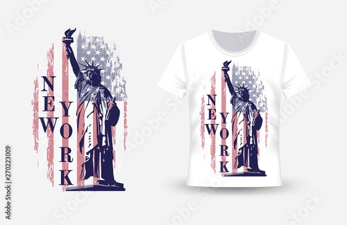  T shirt print with  Statue of Liberty on american flag background. New York symbol.