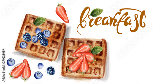 Waffles Vector watercolor. Strawberry and blueberry toppings