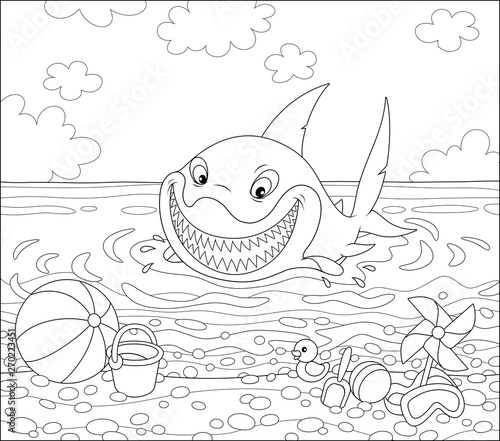 Funny great white shark swimming in water on a summer sea beach and friendly smiling, black and white vector illustration in a cartoon style for a coloring book