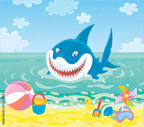 Funny great white shark swimming in blue water on a summer sea beach and friendly smiling, vector illustration in a cartoon style