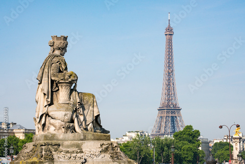 Statue of Bordeaux at the Place de la Concorde with Eiffel Tower in the background, Paris, France