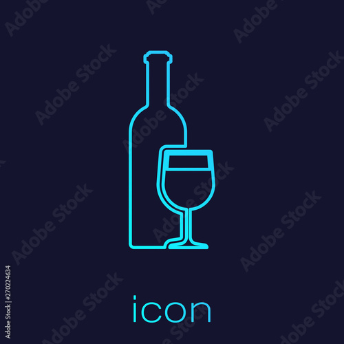 Turquoise Wine bottle with wine glass line icon isolated on blue background. Vector Illustration