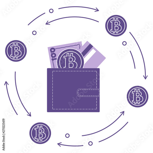 Purse with banknote, credit card and bitcoin.