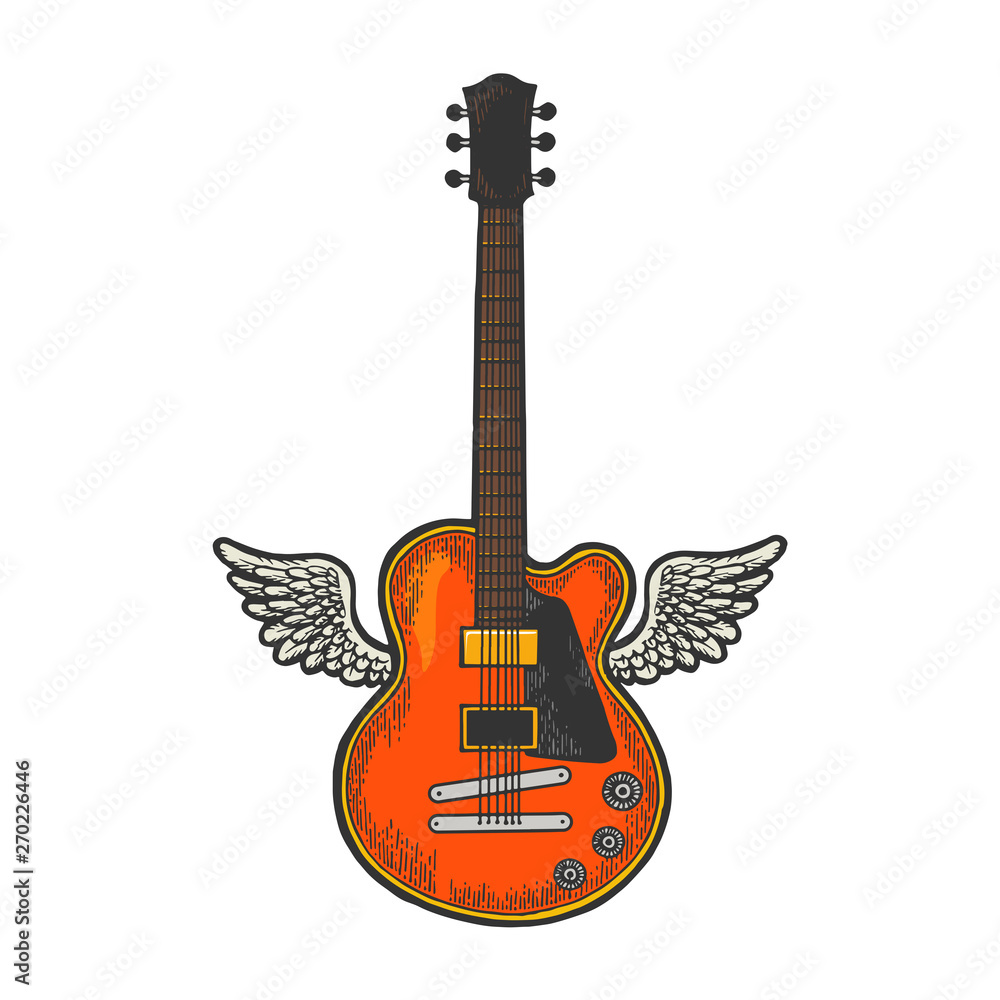 Flying Electric guitar with wings color sketch engraving vector