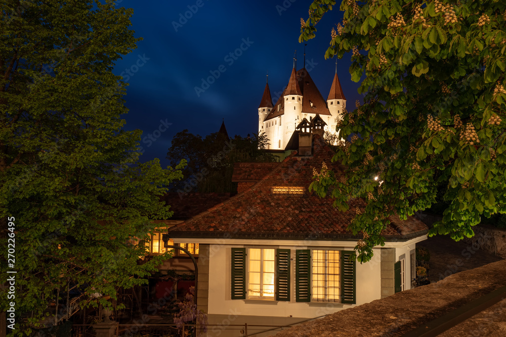 Nightscape of Thun Castle in the city of Thun, Bernese Oberland, Switzerland