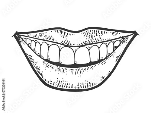 Female smile mouth sketch engraving vector illustration. Scratch board style imitation. Black and white hand drawn image.