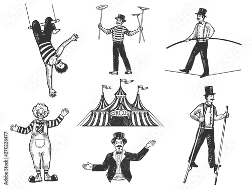 Retro circus performance set sketch vector illustration. Old hand drawn engraving imitation. Human and animals vintage drawings