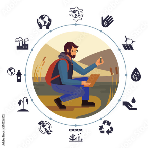 The design concept with the image of a bearded man in glasses and with a backpack ecologist in nature, who takes samples from the tank with a set of icons in a flat style on the theme of ecology.
