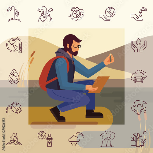 The design concept with the image of a bearded man in glasses and with a backpack ecologist in nature, who takes samples from the tank with a set of icons in a linear style on the theme of ecology.