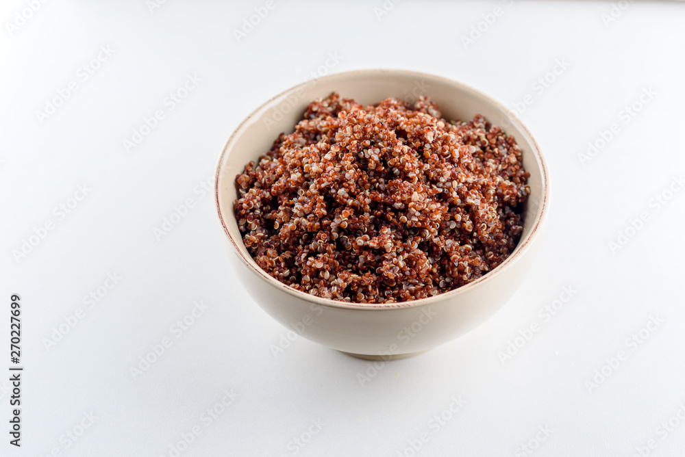 Cooked prep red quinoa in a bowl. Top view. Cooked prep red quinoa in a bowl. Top view.