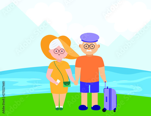 Grandparents travel. An elderly couple goes on a trip. Vector illustration in flat style.