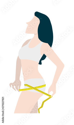 Isolated slim fit woman in underwear with a measuring tape in her hip. Diet, beauty, body measurements. Flat style vector illustration. 