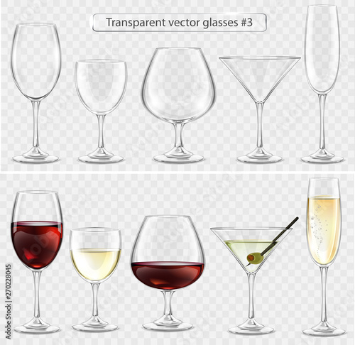 Set of transparent vector glass goblets for wine bar. Drinks of wine, brandy, champagne, martini 