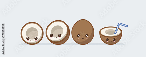 Coconut set drawn cute kawaii food faces
