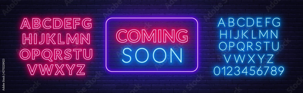 Coming soon neon sign on brick wall background. Template for design. Neon alphabet .Vector illustration. Coming soon neon sign on brick wall background. Template for design. Neon alphabet .Vector illustration.