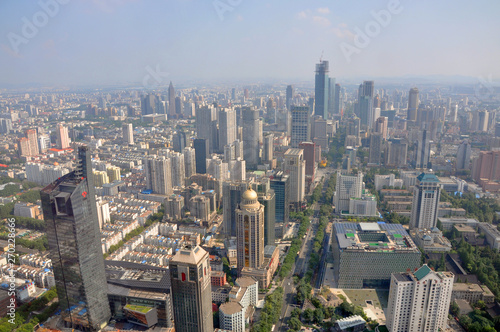 Aerial view of Nanjing Modern City Skyline Xinjiekou (South), viewed from Zifeng Tower in Gulou, Nanjing, Jiangsu Province, China.