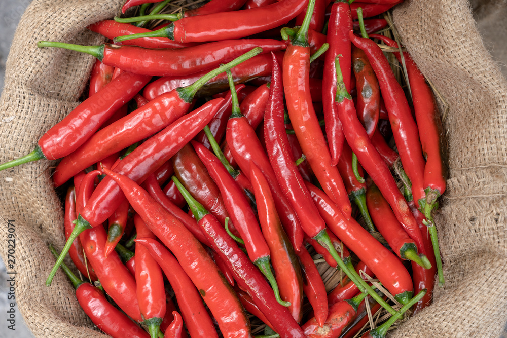 Red chili pepper for sell in traditional street market in Ubud, Bali, Indonesia , closeup