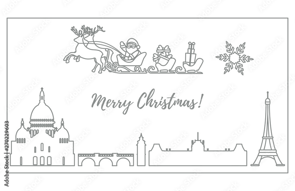 Santa Claus in sleigh with deers flying over Paris