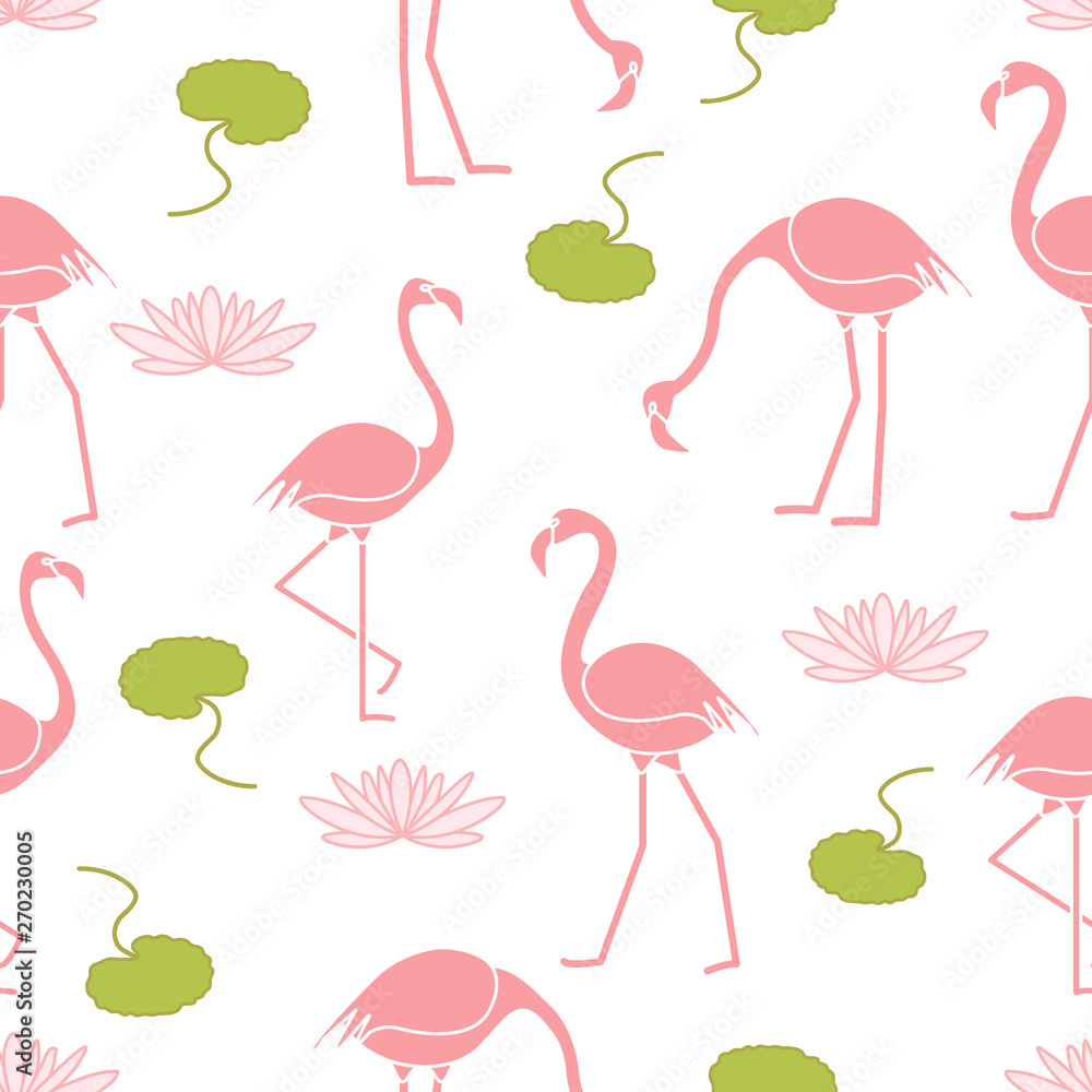 Fototapeta premium Seamless pattern with flamingo and water lily.