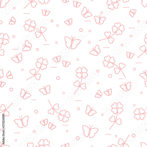 Seamless pattern with shamrock and butterflies.